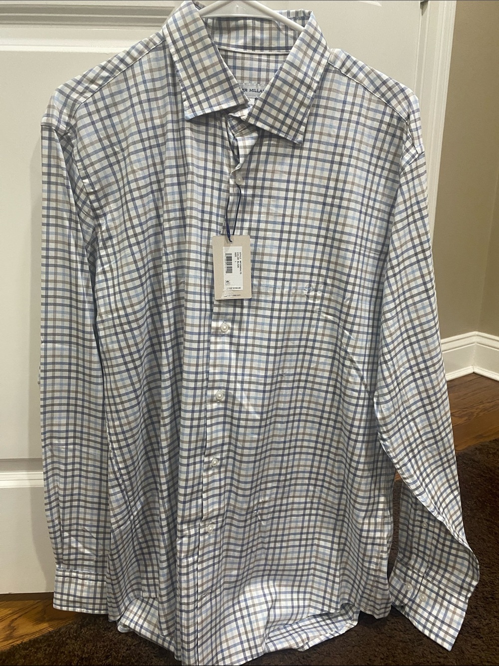 Peter Millar White Shirt with Blue and Gray Windowpane Plaid